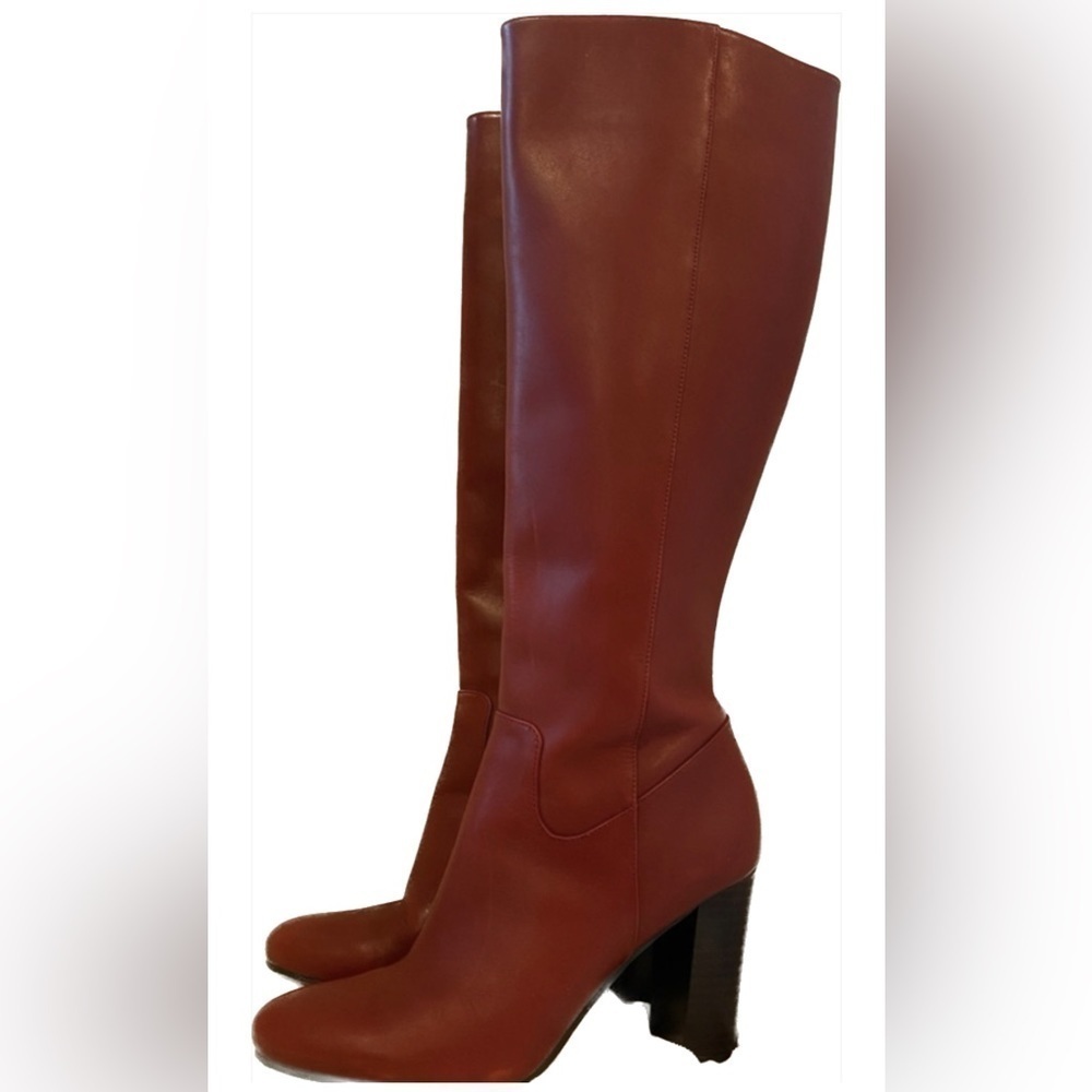 Michael Kors Women’s Luxe Tall Red Leather Zip Boots w/ Block Heel Like New 7.5